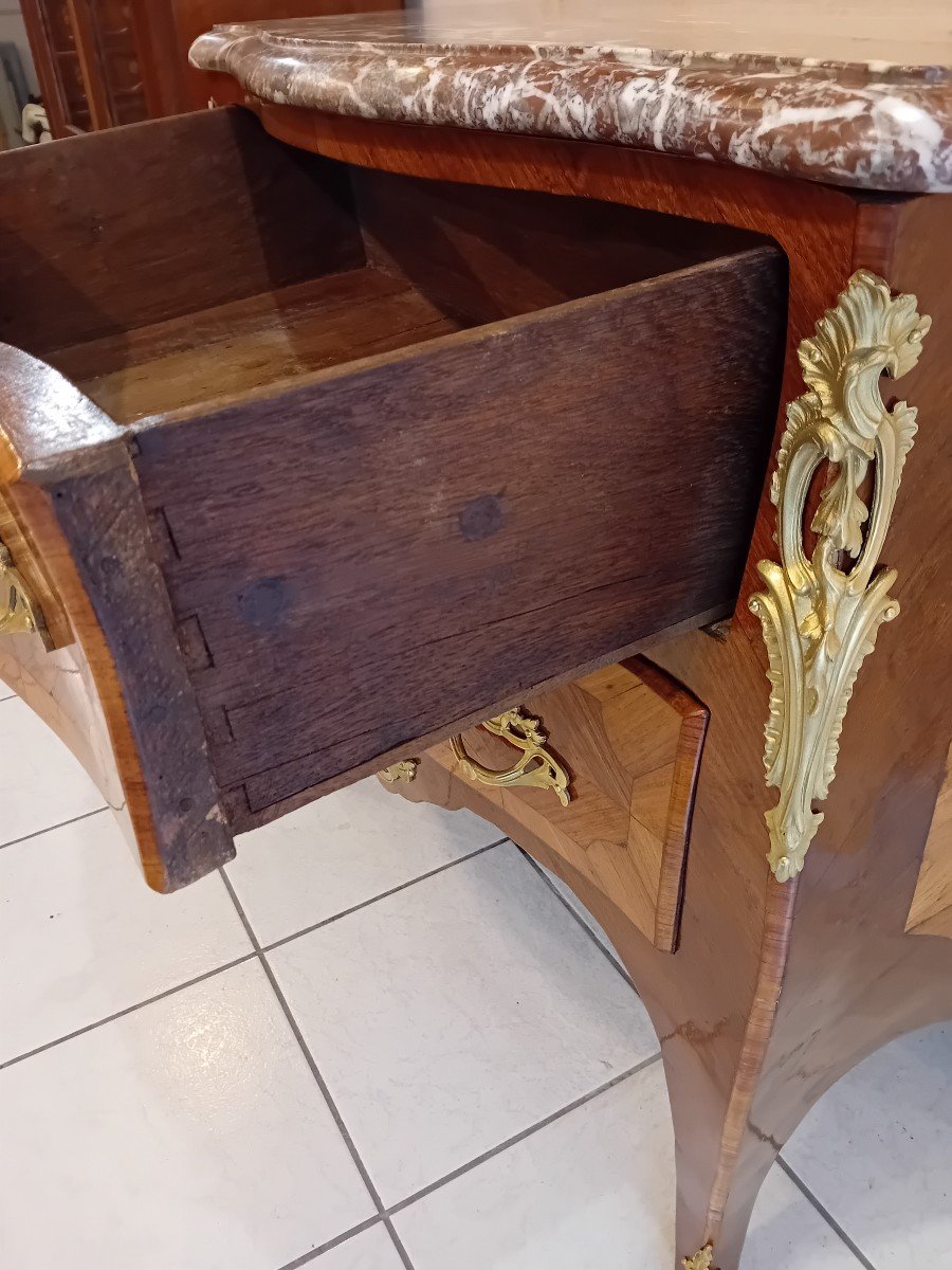 Curved Chest Of Drawers Louis XV Marquetry 18th Century -photo-2