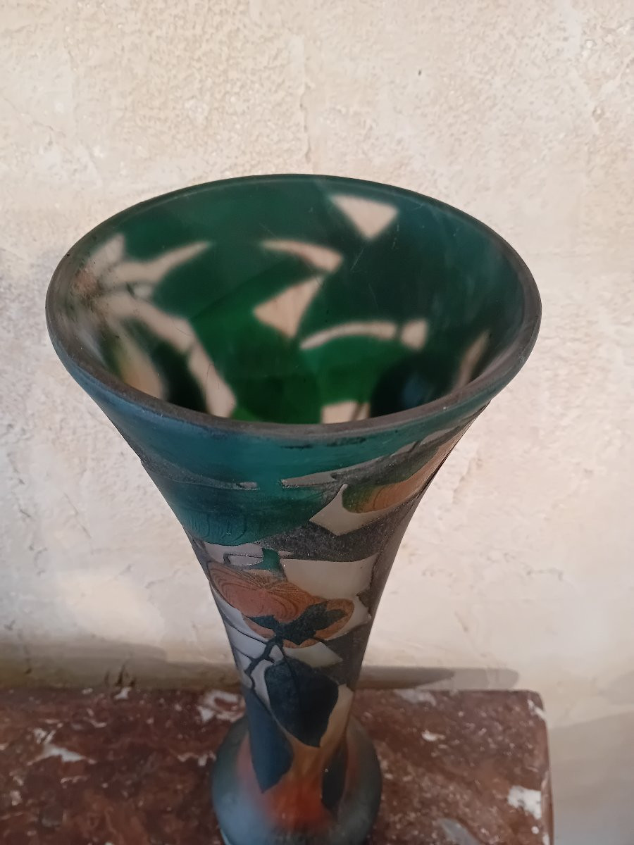 Daum Important Vase Verre multicouche et Dégagé à L Acide à Décor De Feuilles Et Fleurs De Kaki-photo-7