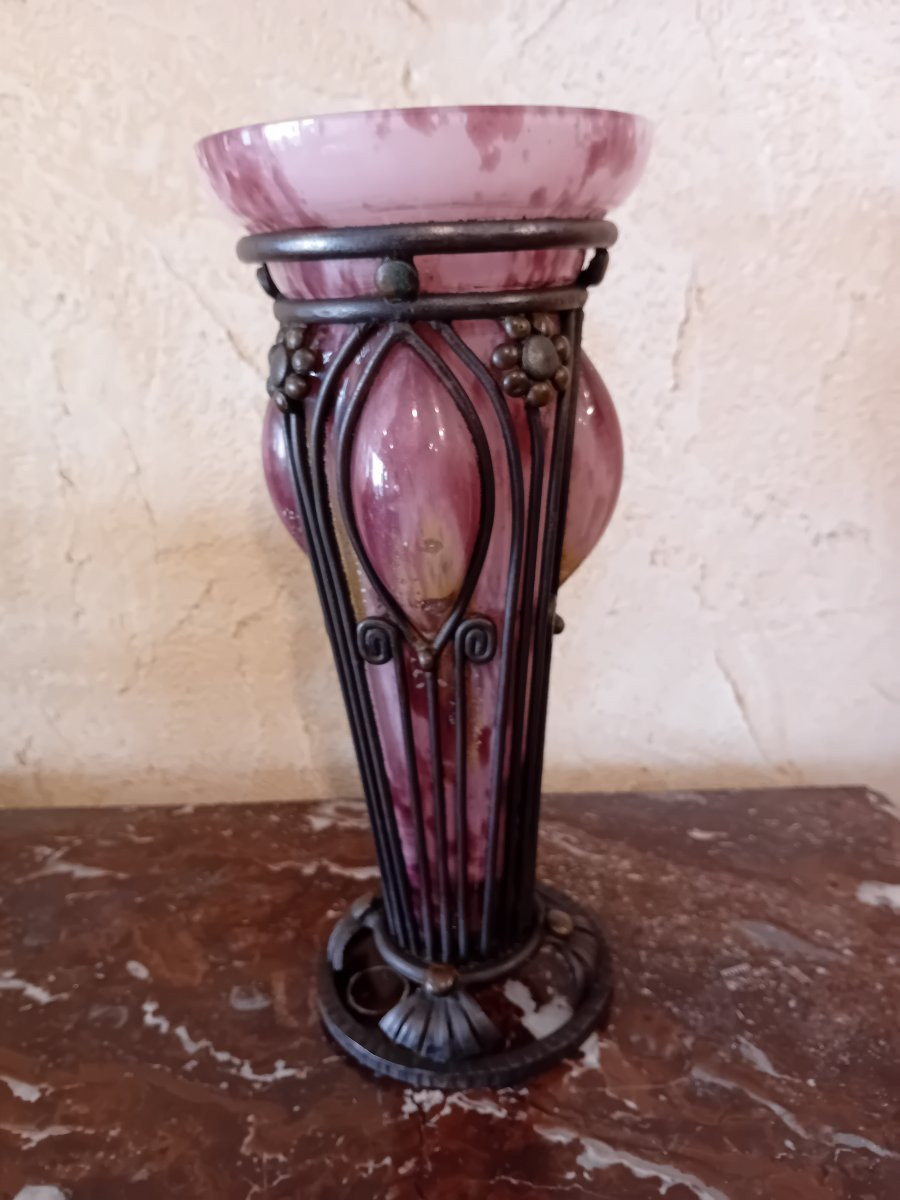 Delatte Nancy Glass Vase With Silver Glitter Inclusions Wrought Iron Frame  -photo-4