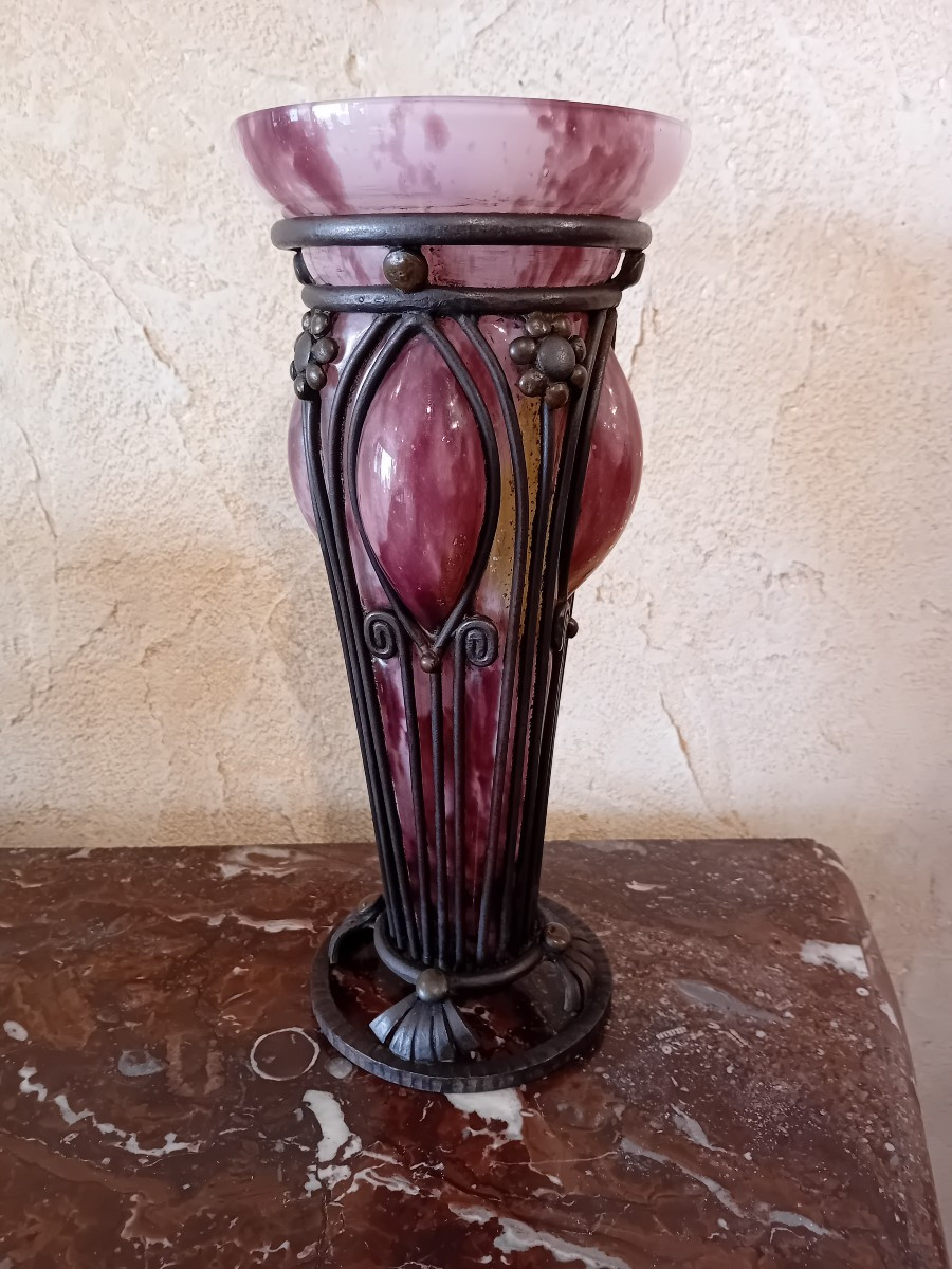 Delatte Nancy Glass Vase With Silver Glitter Inclusions Wrought Iron Frame  