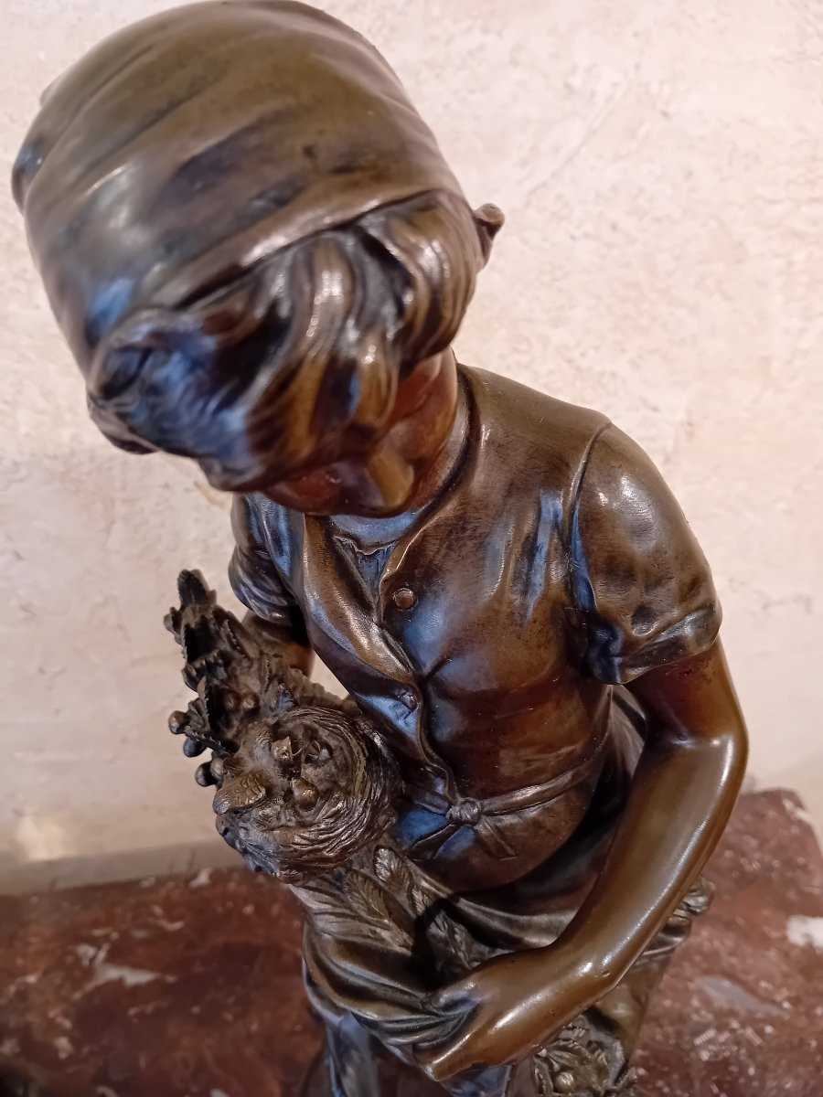 MATHURIN MOREAU BRONZE A PATINE BRUNE  FEMME A LA GERBE DE BLE ET AU NID D OISEAUX -photo-3