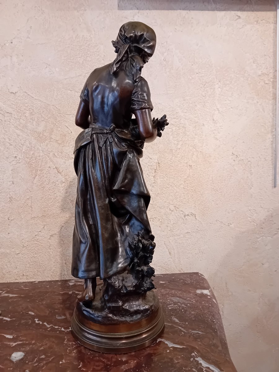 MATHURIN MOREAU BRONZE A PATINE BRUNE  FEMME A LA GERBE DE BLE ET AU NID D OISEAUX -photo-5