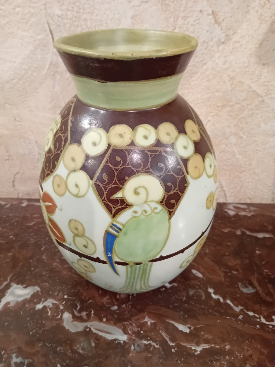 Charles Catteau Boch Keramis Vase With Birds And Lyres Decoration In Matte Finish D1130-photo-4