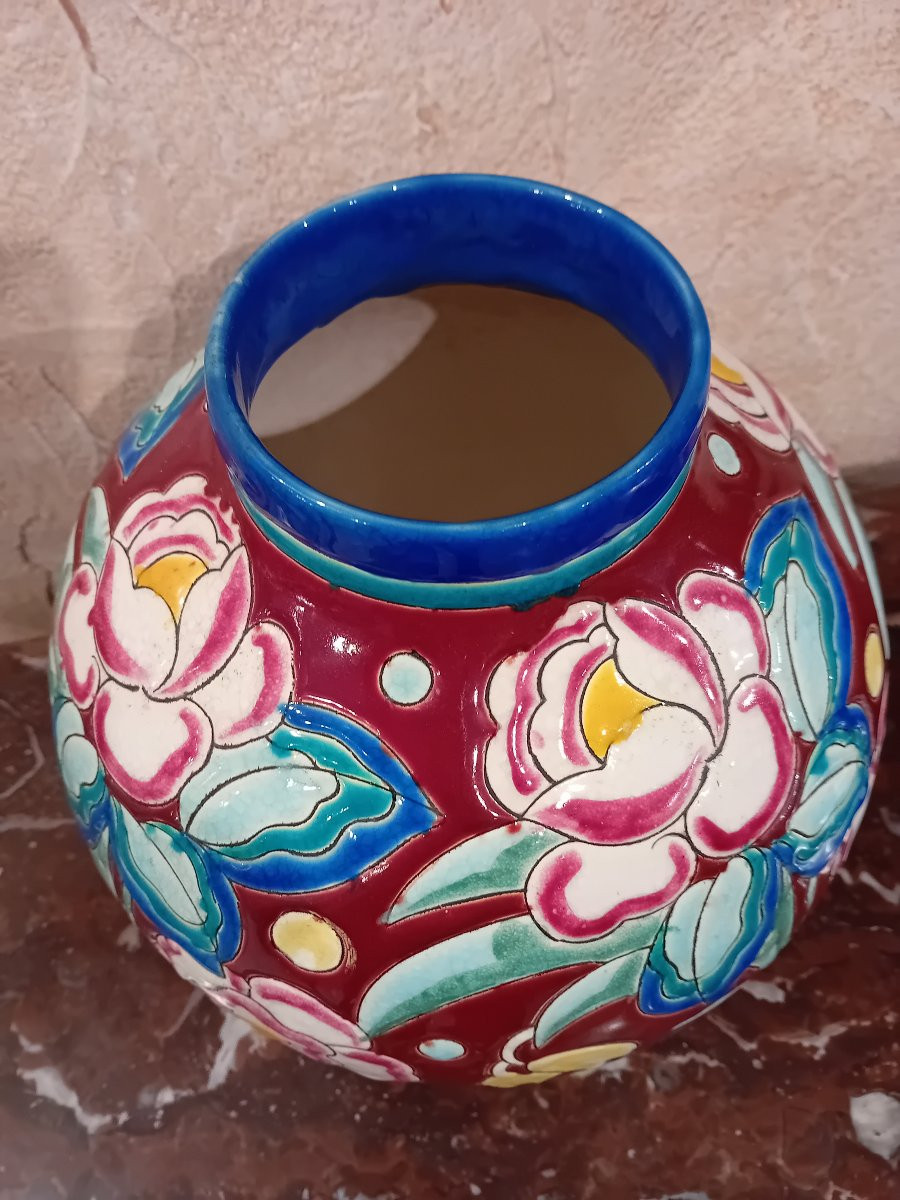 CHARLES CATTEAU BOCH KERAMIS VASE A DECOR DE FLEURS STYLISEES  EMAILLEES D1704-photo-2