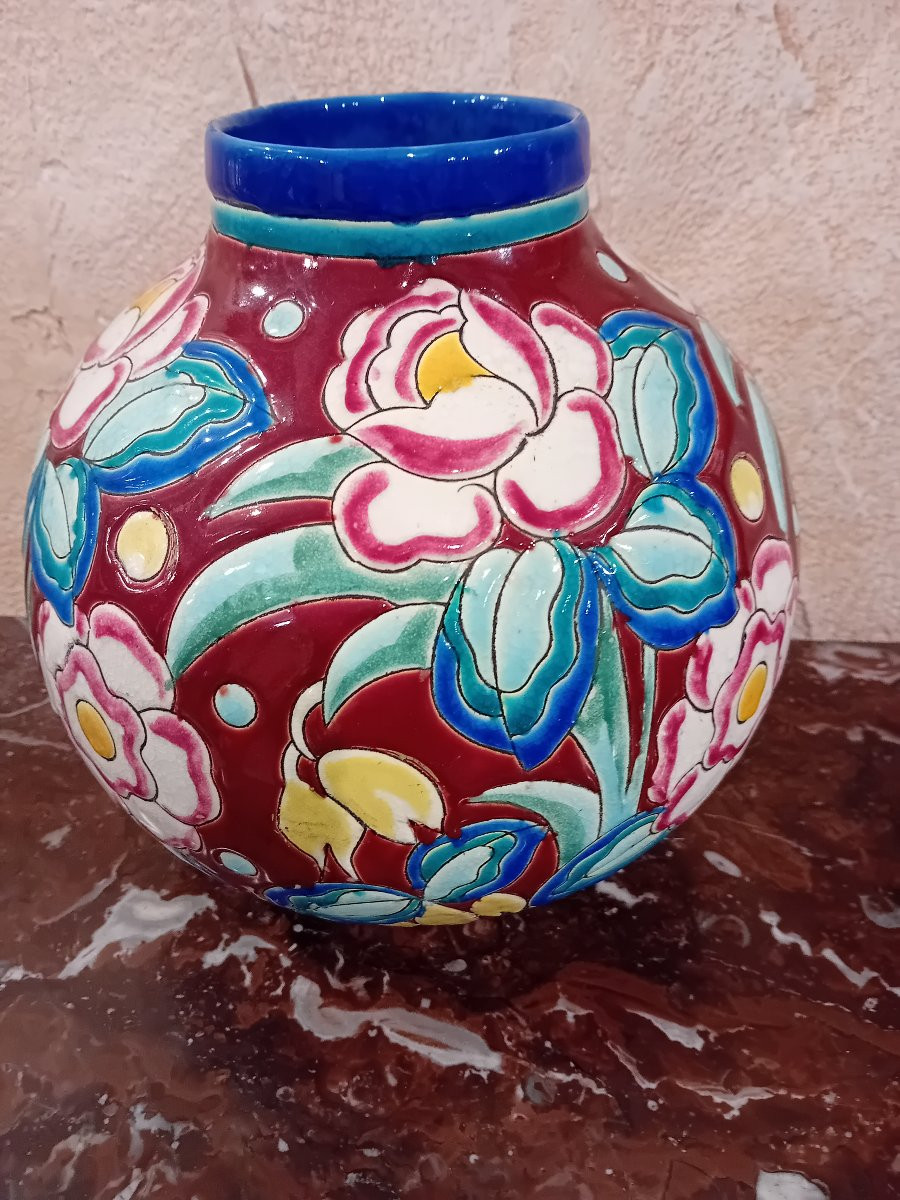 CHARLES CATTEAU BOCH KERAMIS VASE A DECOR DE FLEURS STYLISEES  EMAILLEES D1704-photo-3