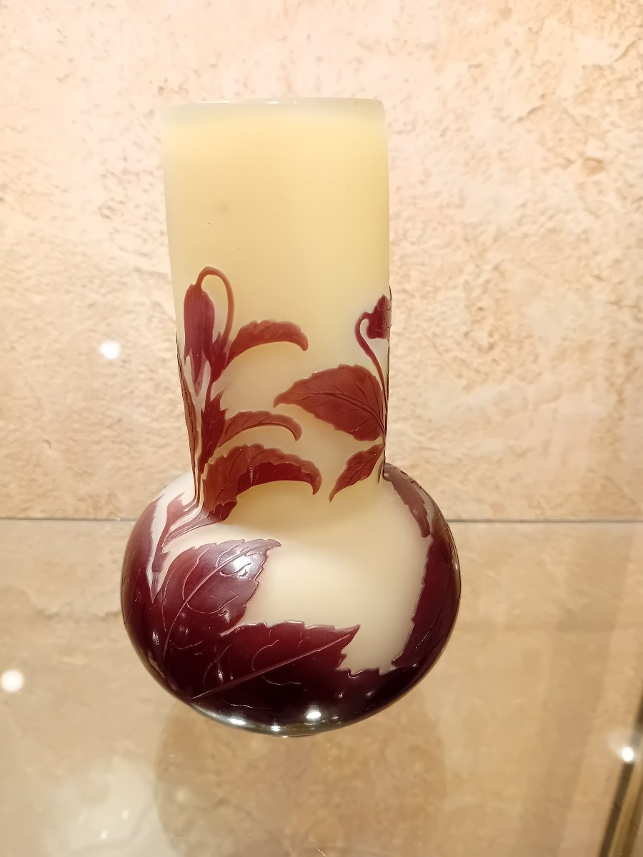 Emile Galle (establishments) Multi-layer Glass Vase Acid-etched With Pansy Decoration -photo-2