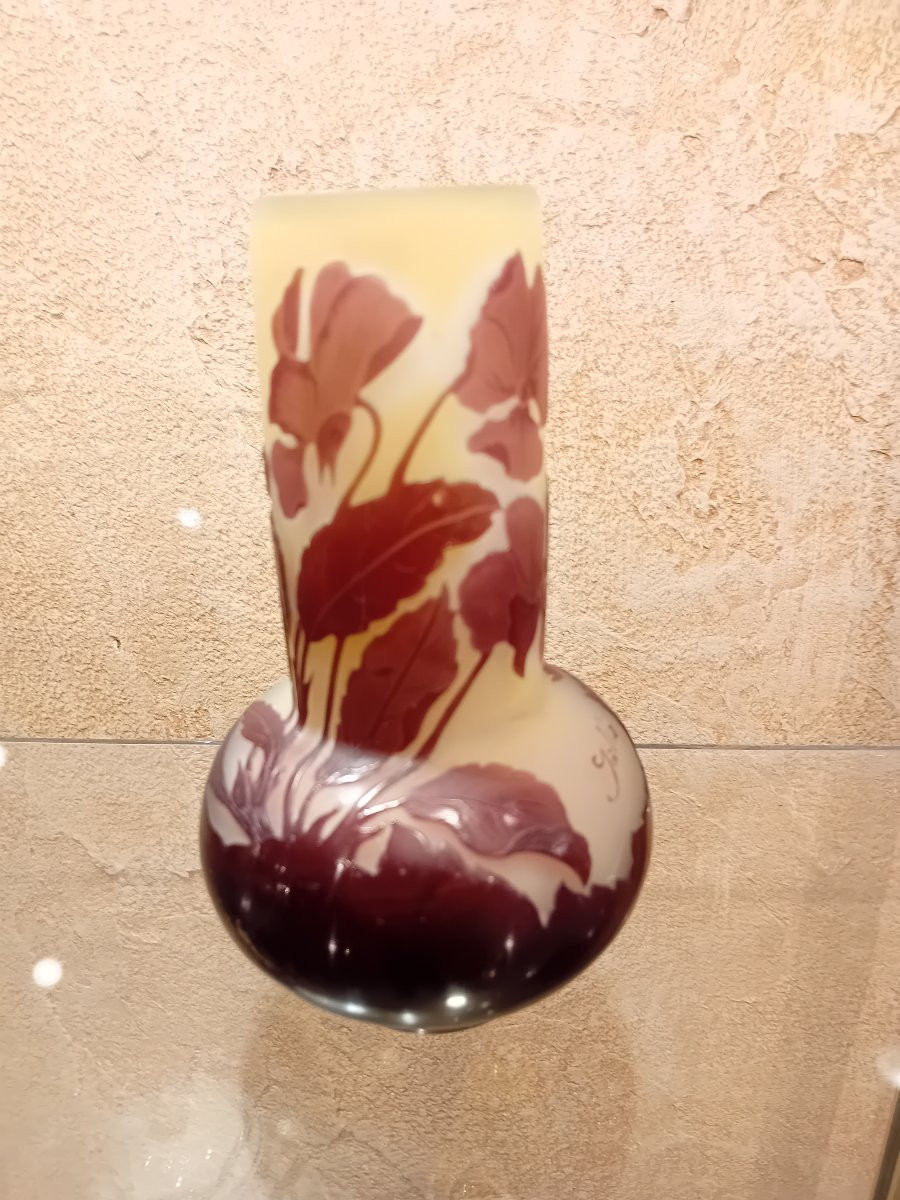 Emile Galle (establishments) Multi-layer Glass Vase Acid-etched With Pansy Decoration -photo-4