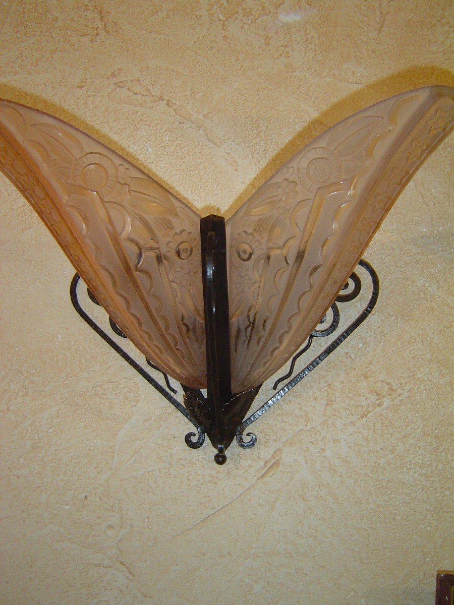 Paire D Appliques En Verre Presse Moule Art Deco ( 4 Plaques ) -photo-2