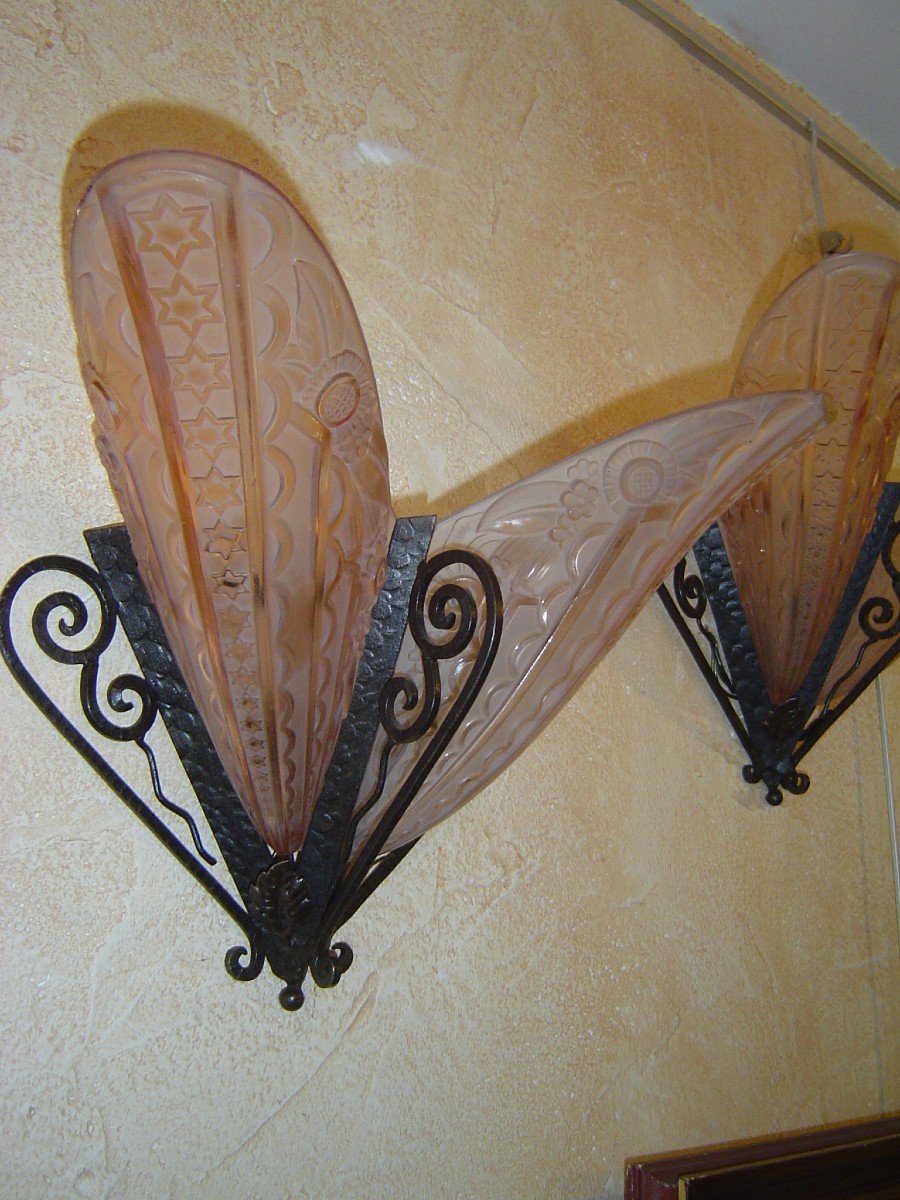 Paire D Appliques En Verre Presse Moule Art Deco ( 4 Plaques ) -photo-3