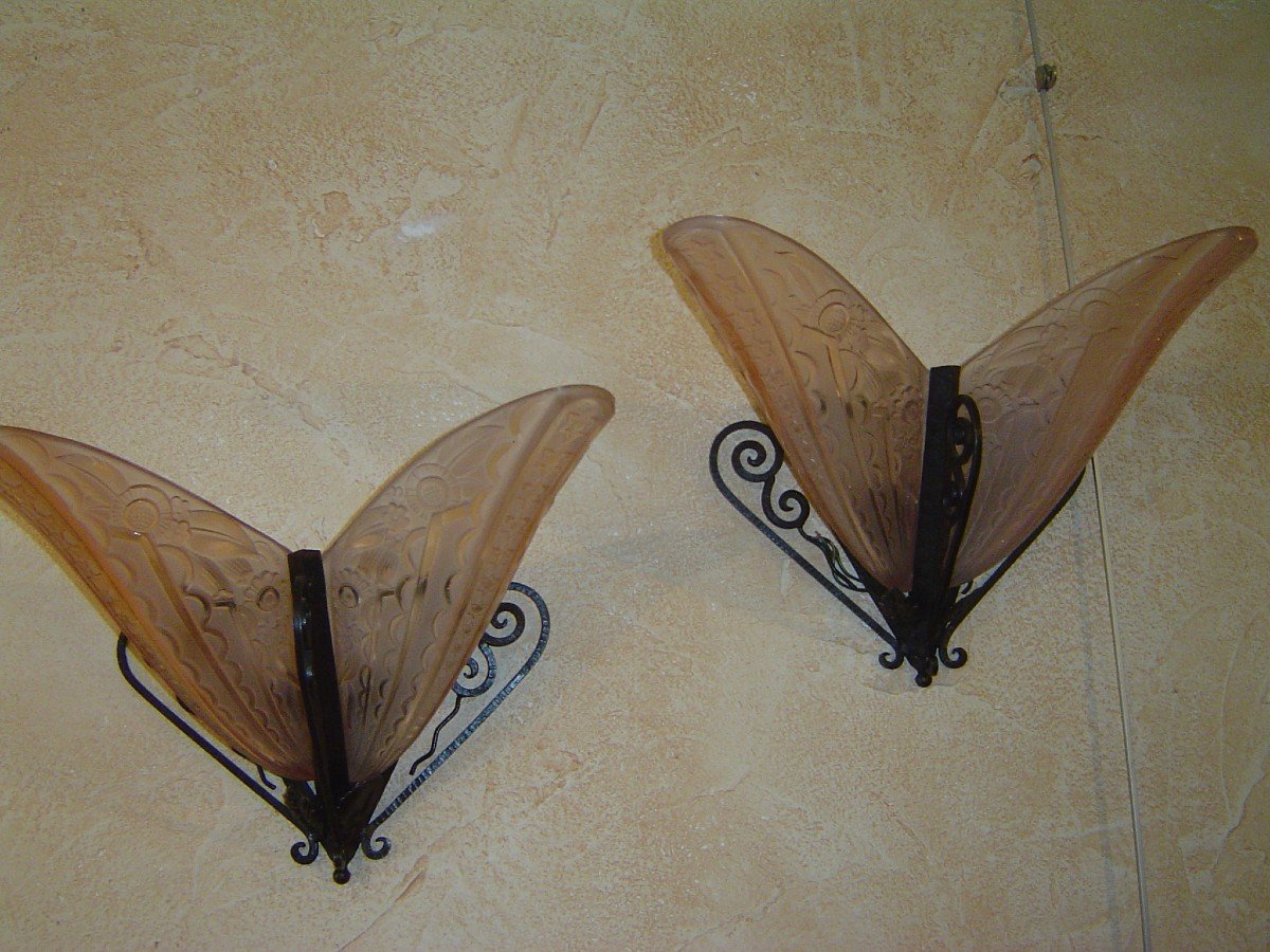 Paire D Appliques En Verre Presse Moule Art Deco ( 4 Plaques ) -photo-4