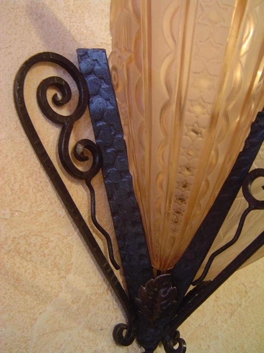 Paire D Appliques En Verre Presse Moule Art Deco ( 4 Plaques ) -photo-1