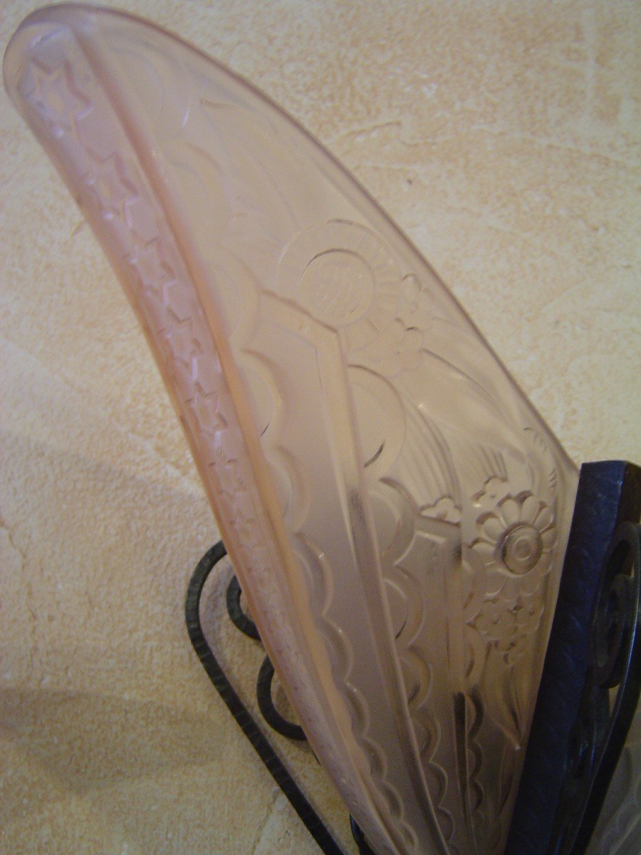 Paire D Appliques En Verre Presse Moule Art Deco ( 4 Plaques ) -photo-2