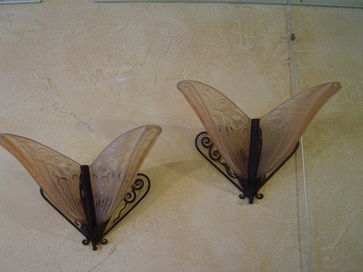 Paire D Appliques En Verre Presse Moule Art Deco ( 4 Plaques ) 