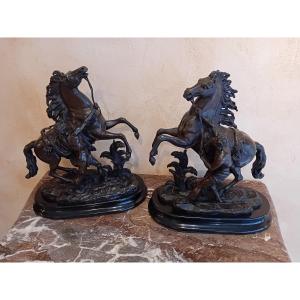 D After Coustou The Horses Of Marly In Bronze With Brown Patina 