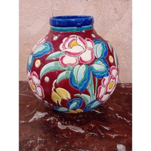Charles Catteau Boch Keramis Vase With Stylized Enameled Flower Decoration D1704