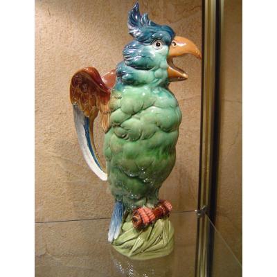 Rare Majolica Parrot Pitcher  Georges Dreyfus Fontainebleau
