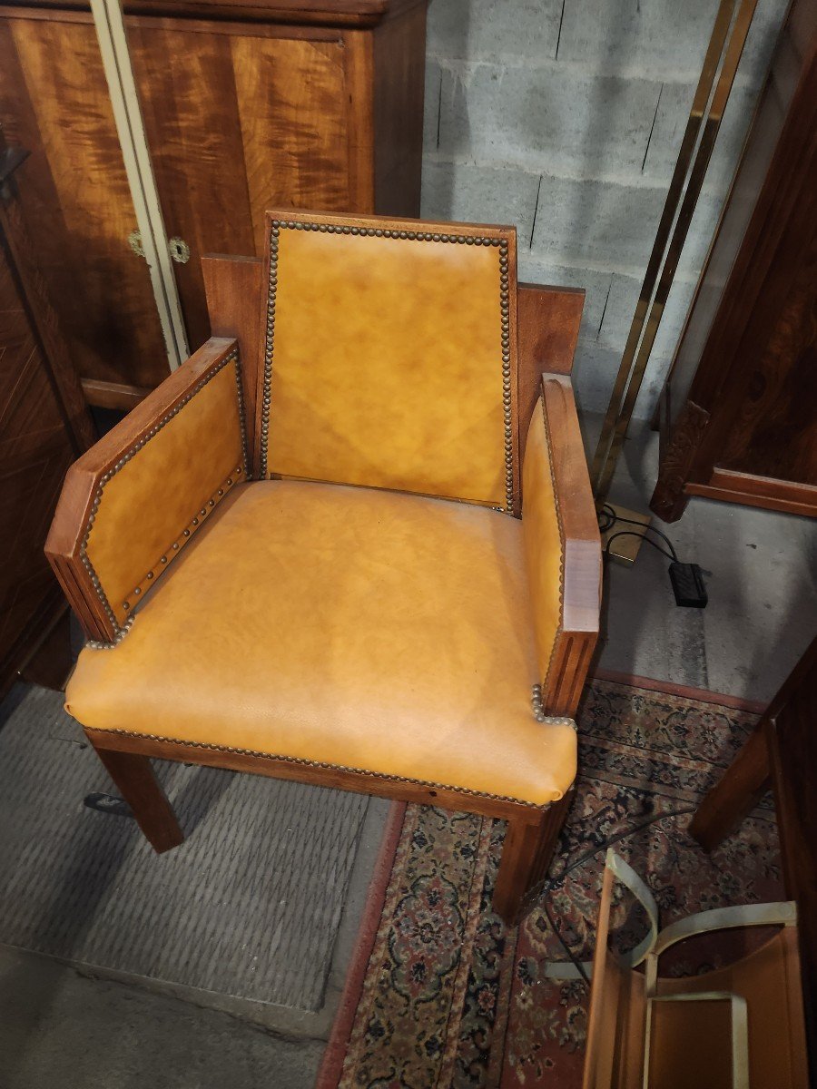 Ensemble Gautier Poinsignon  Bibliothèque Art Deco Comprenant La Bibliothèque Le Bureau Le Fauteuil La Lampe-photo-3
