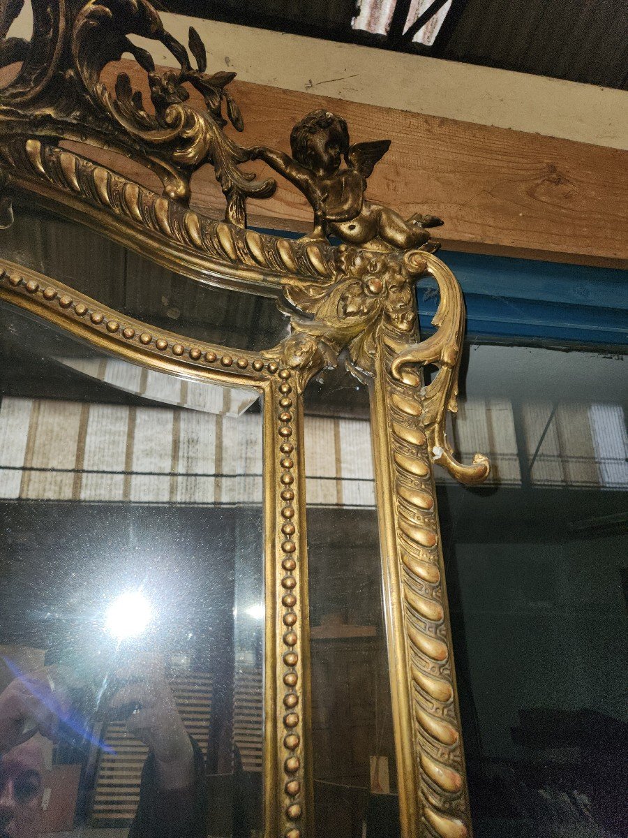 Grand Miroir Louis XV d'époque Napoléon III Orné De 2 Angelots -photo-3