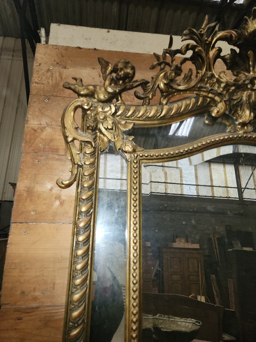 Grand Miroir Louis XV d'époque Napoléon III Orné De 2 Angelots -photo-5