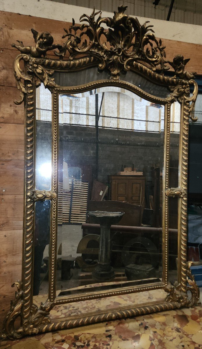 Grand Miroir Louis XV d'époque Napoléon III Orné De 2 Angelots 