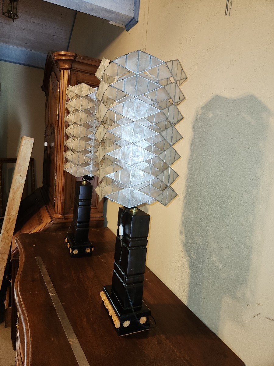 Pair Of Lamps In Very Heavy Wood And Mother-of-pearl 1960/1870-photo-2