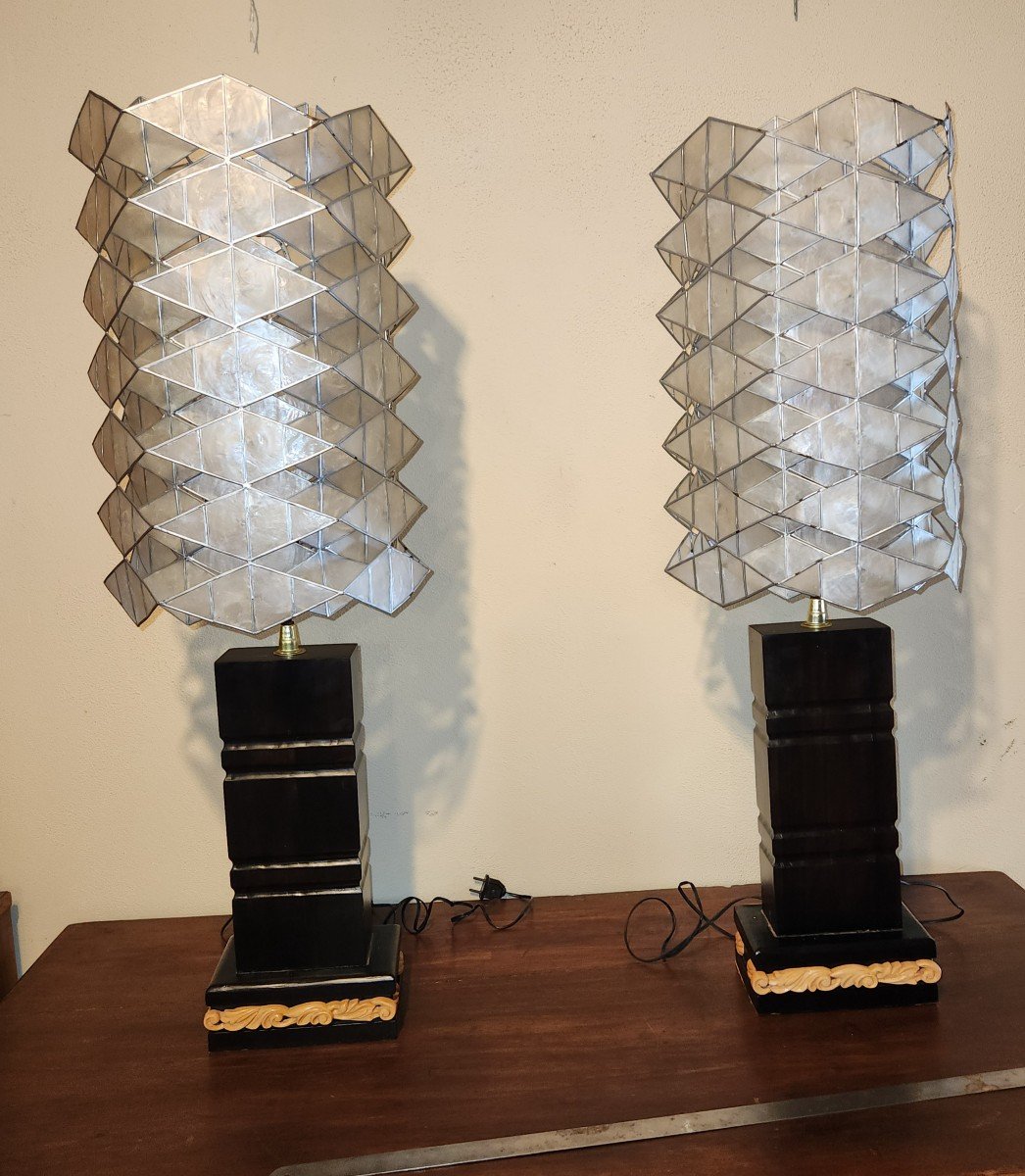 Pair Of Lamps In Very Heavy Wood And Mother-of-pearl 1960/1870