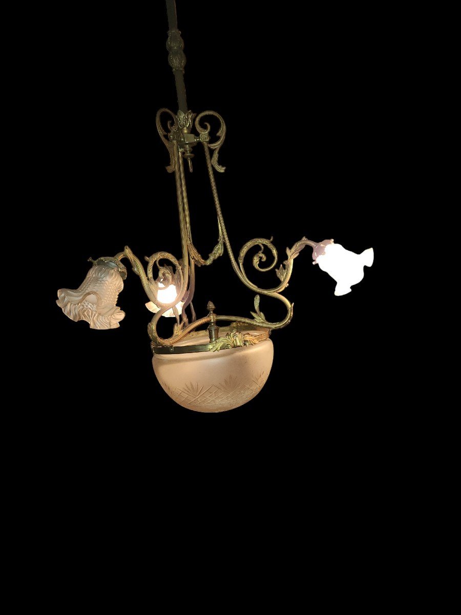 Lustre Debut 20ème En Bronze Et Verre