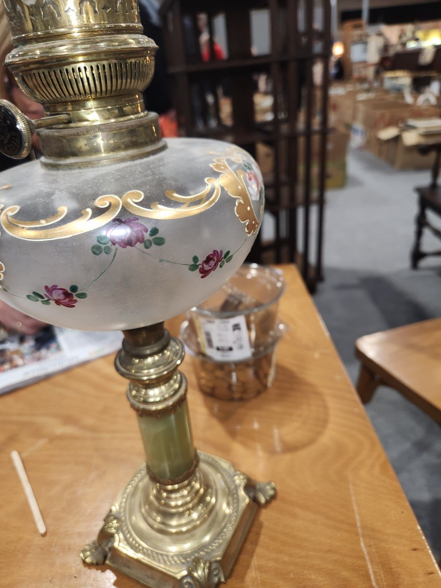 Lampe à Pétrole 19eme Réservoir En Vert émaillé De Petites Fleurs -photo-3