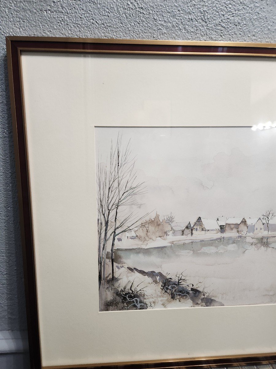 Watercolor By Maurice Colin Depicting A Snowy Village -photo-3