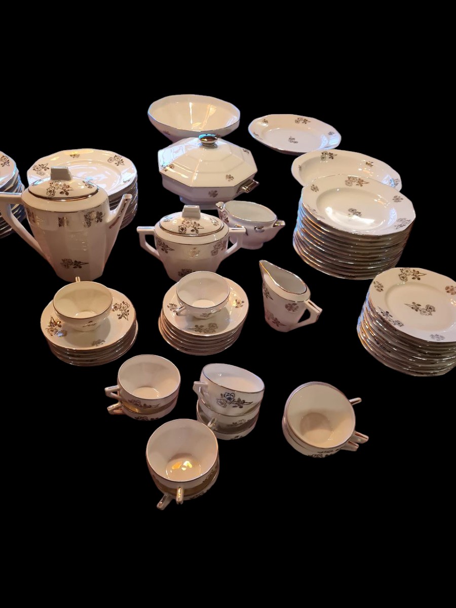 1950s Limoges Porcelain Dinner Service With Silver Decor 