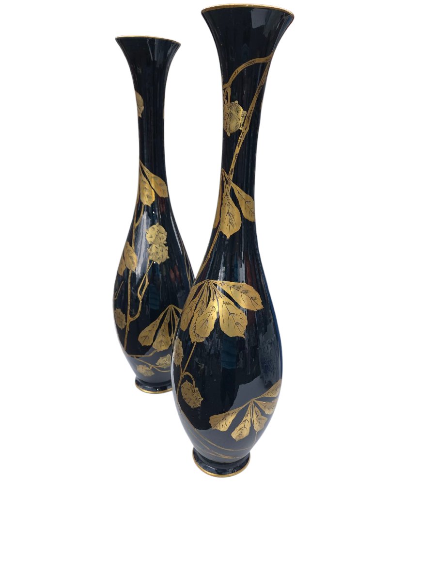 Paire De Vase Art Nouveau De Gustave Asch A Decor De Marronnier -photo-1