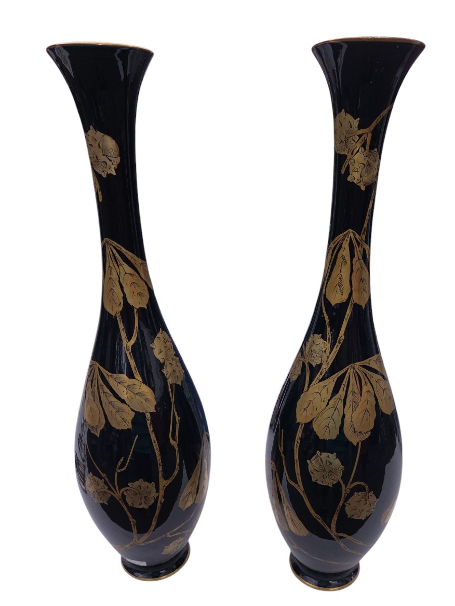 Paire De Vase Art Nouveau De Gustave Asch A Decor De Marronnier 