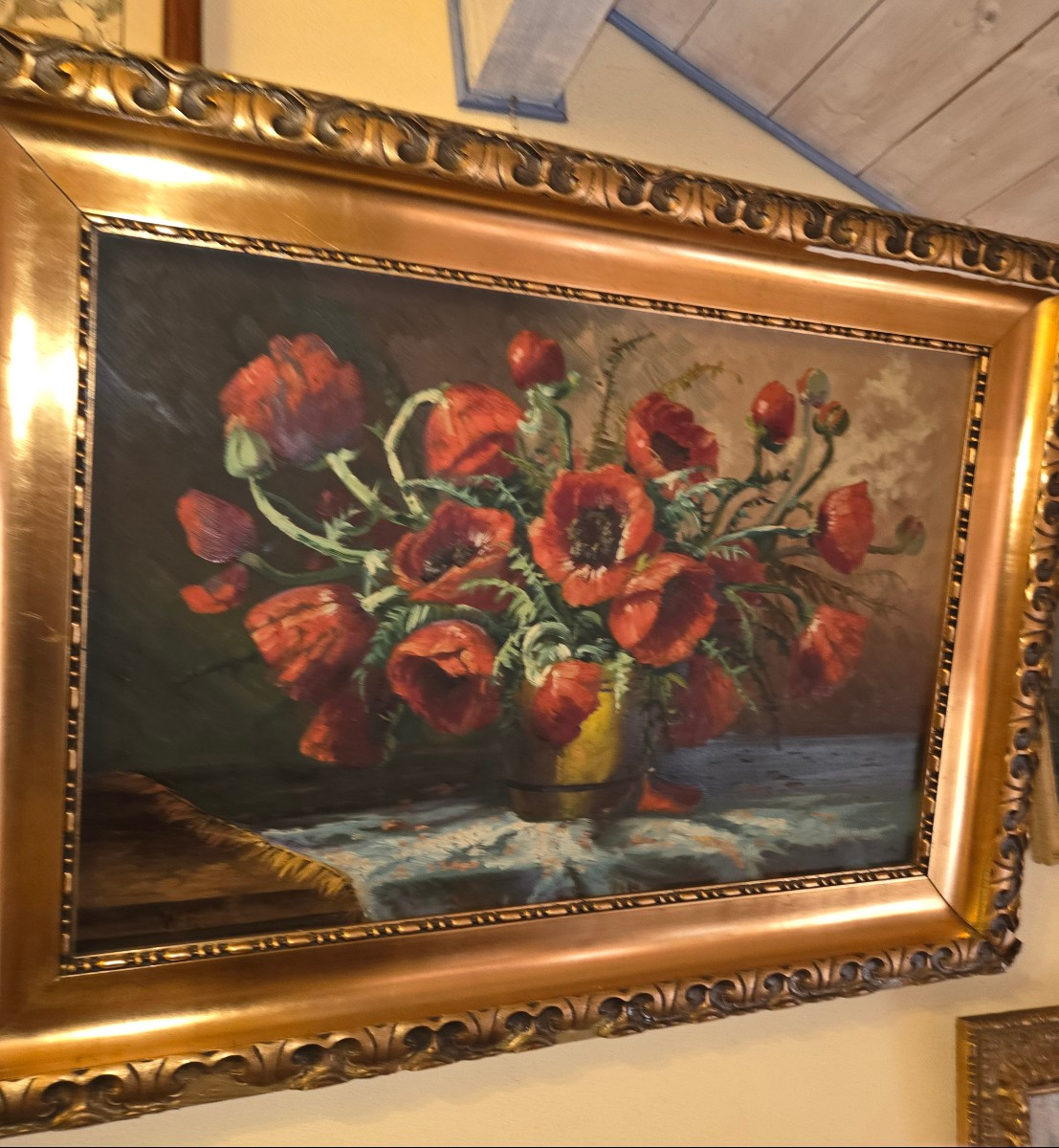 Tableau bouquet de coquelicots debut 20eme signé  W.R