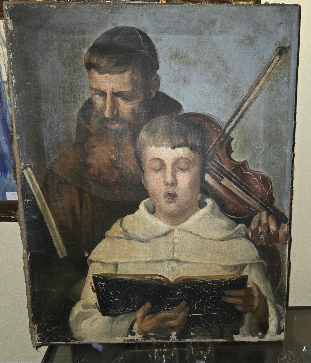Religious Oil On Canvas Playing The Violin To Teach A Child To Sing 