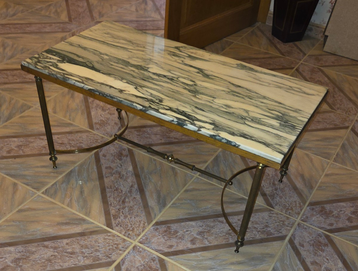 Table basse rectangulaire des années 70 laiton et dessus marbre 