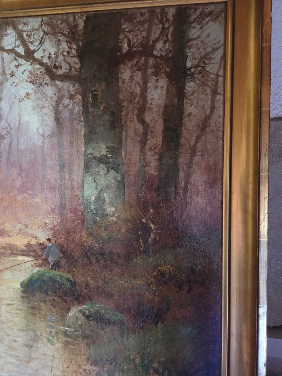 Huile sur toile de Émile Godchaux représentant un pecheur dans une rivière -photo-5