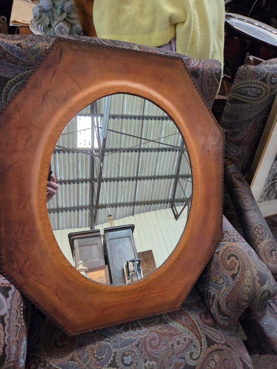 1960s Mirror With Embossed Leather Frame In The Style Of Jacques Adnet -photo-1
