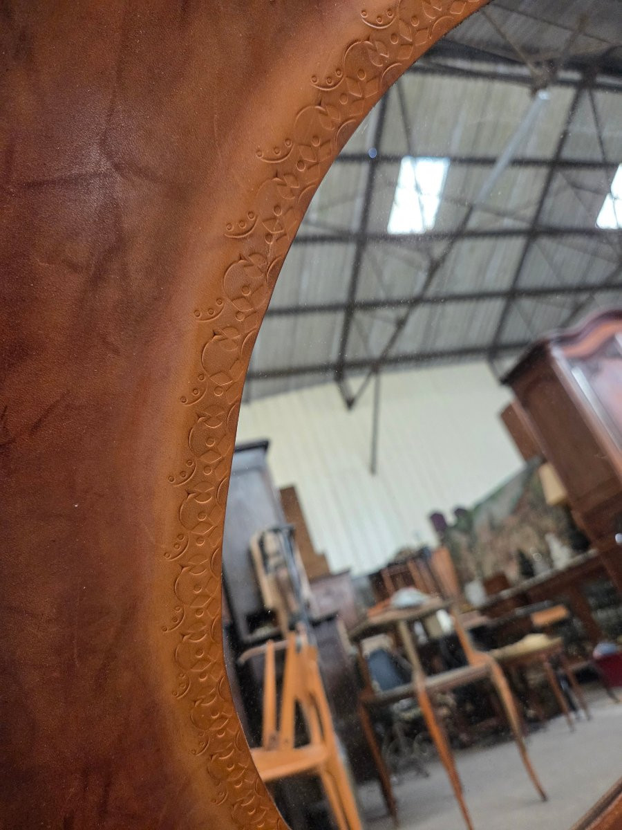 1960s Mirror With Embossed Leather Frame In The Style Of Jacques Adnet -photo-4