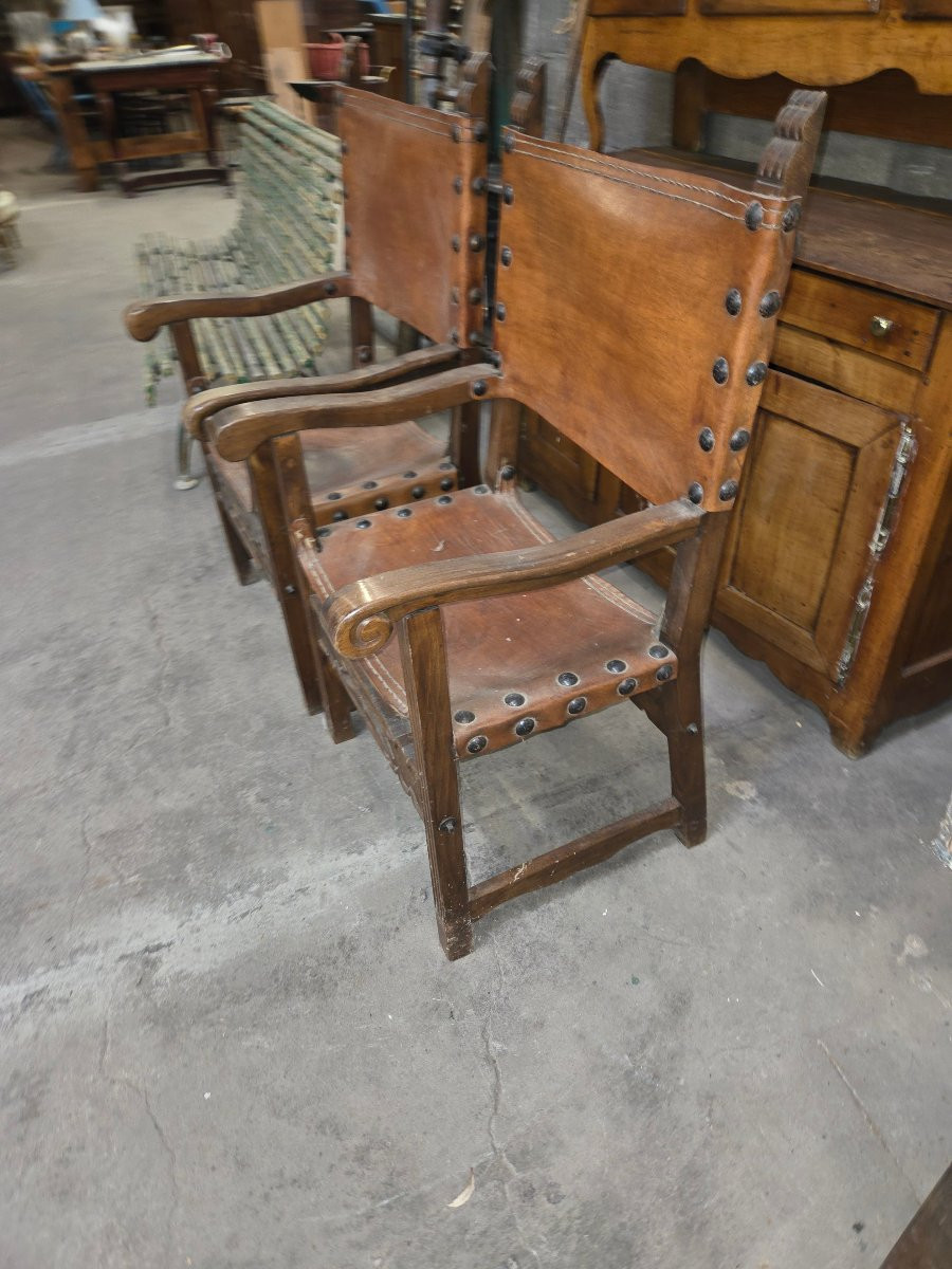 Pair Of 19th Century Armchairs In The Haute Epoque Style, Seat And Back In Cordoba Leather-photo-2