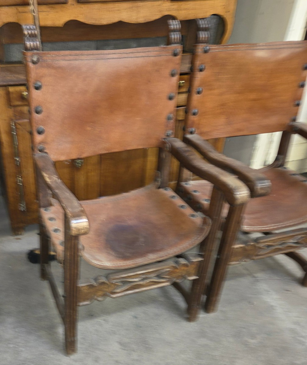 Pair Of 19th Century Armchairs In The Haute Epoque Style, Seat And Back In Cordoba Leather
