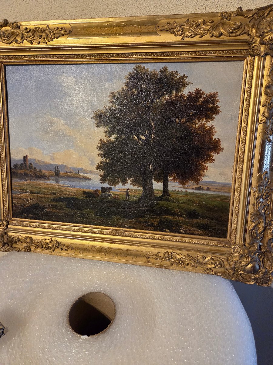 Huile sur toile italienne du 19ème représentant un vacher et ses vaches au bord de l'eau -photo-2
