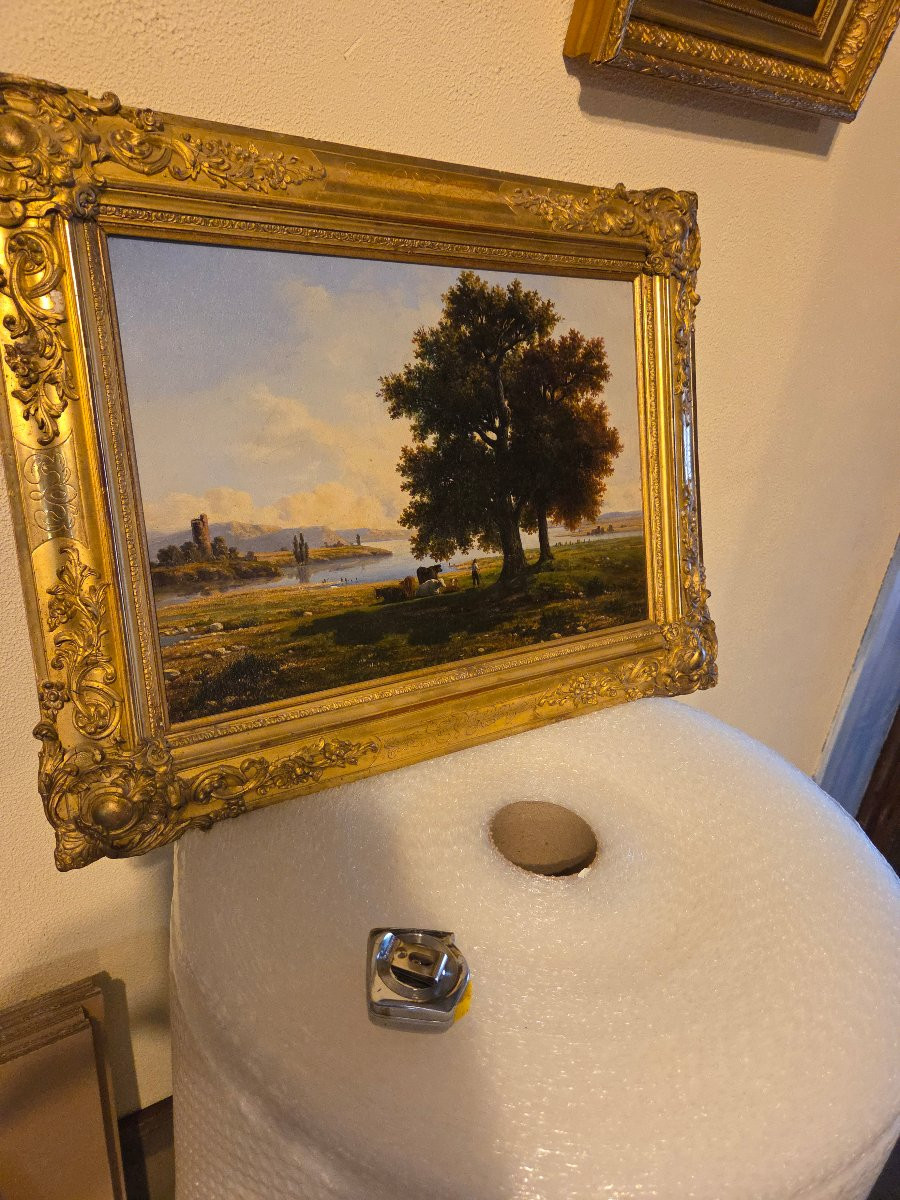 Huile sur toile italienne du 19ème représentant un vacher et ses vaches au bord de l'eau -photo-3