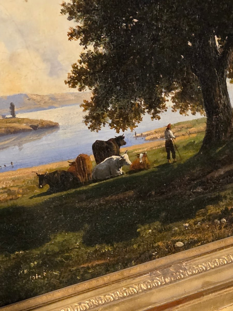 Huile sur toile italienne du 19ème représentant un vacher et ses vaches au bord de l'eau -photo-4