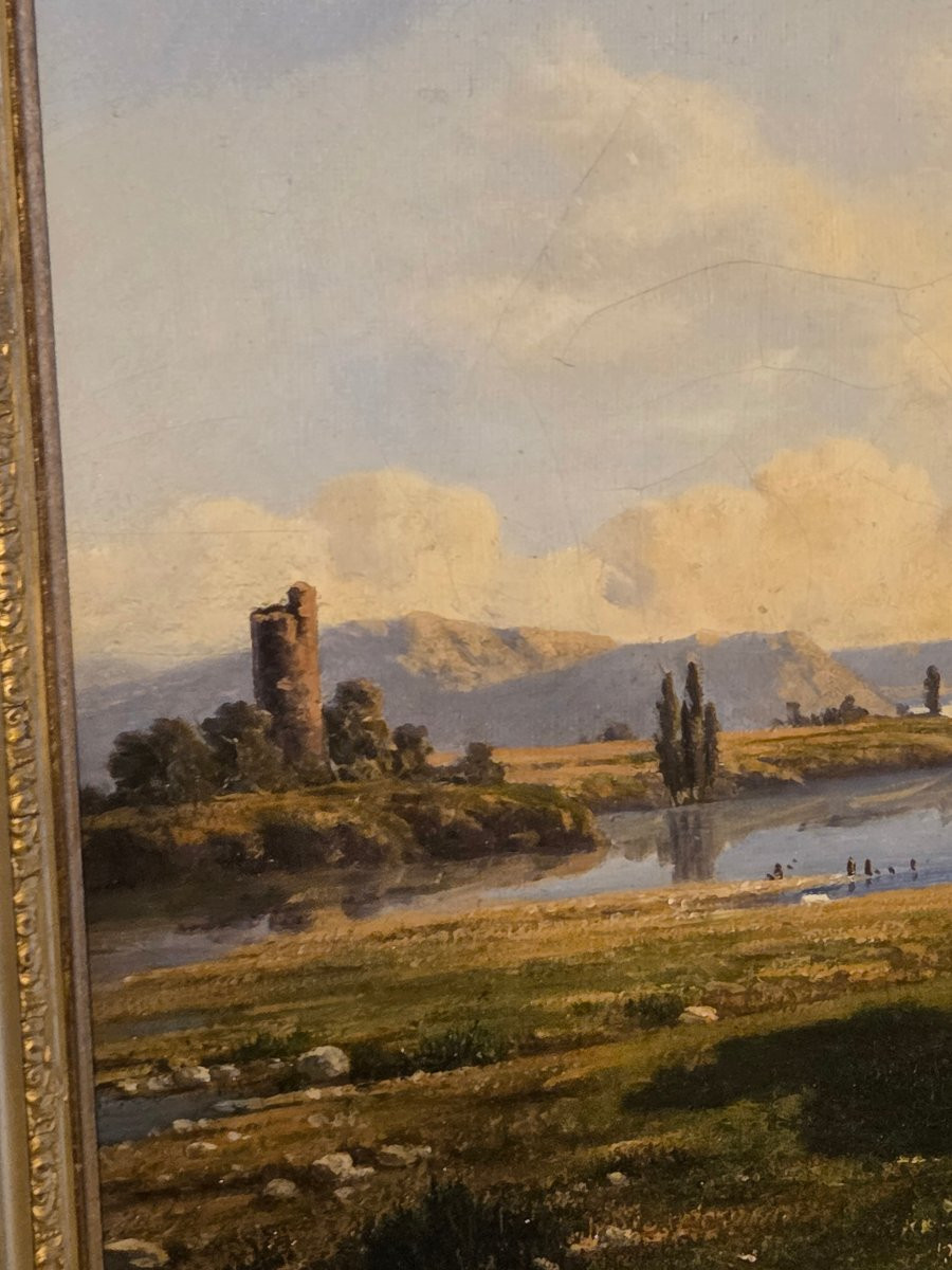 Huile sur toile italienne du 19ème représentant un vacher et ses vaches au bord de l'eau -photo-1