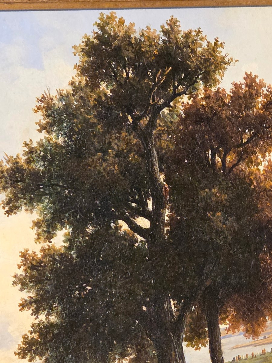 Huile sur toile italienne du 19ème représentant un vacher et ses vaches au bord de l'eau -photo-2