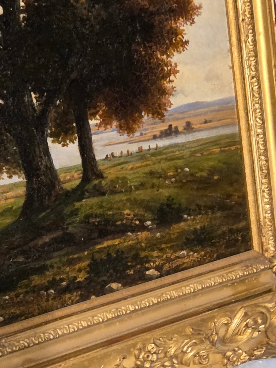Huile sur toile italienne du 19ème représentant un vacher et ses vaches au bord de l'eau -photo-3