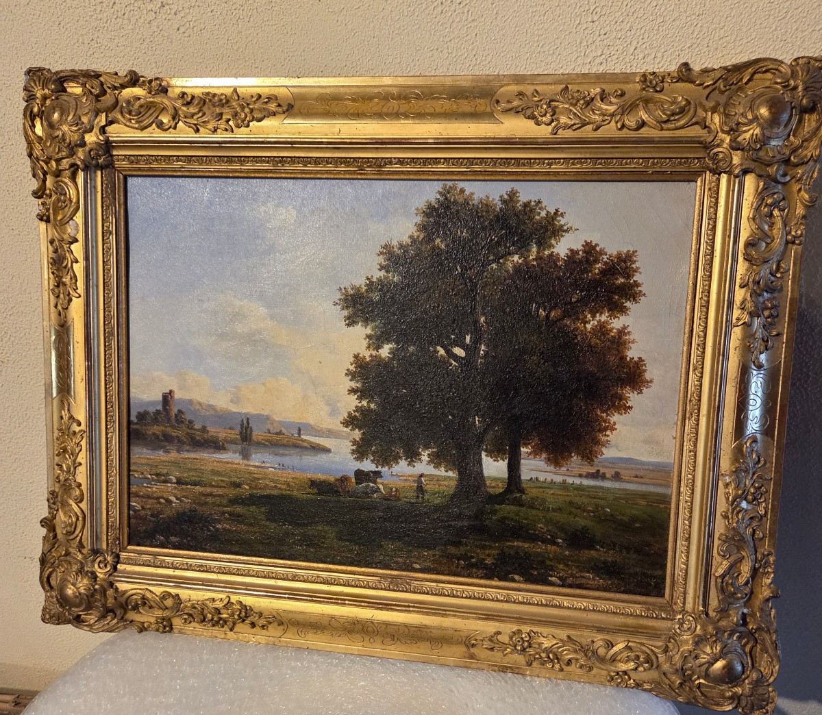 Huile sur toile italienne du 19ème représentant un vacher et ses vaches au bord de l'eau 