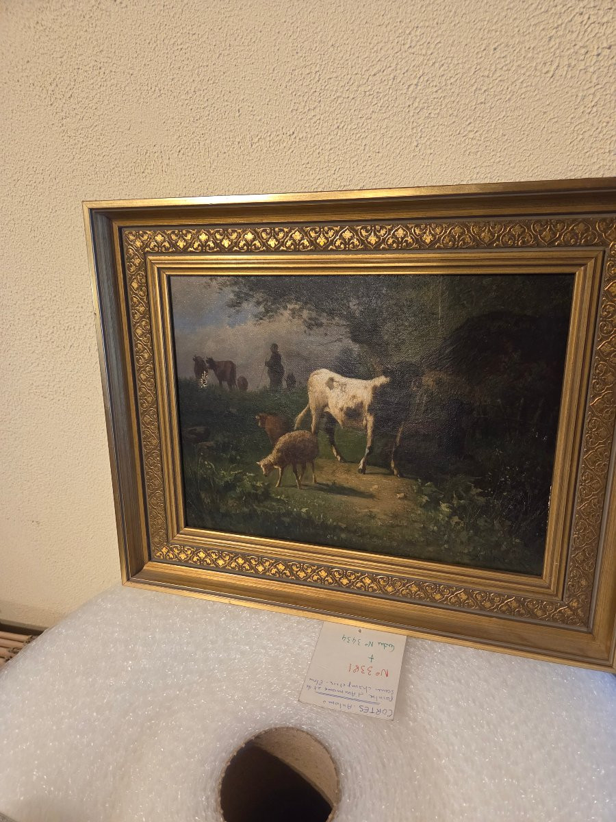 Painting By Antonio Cortes (1826/1908) Cowherd And His Herd -photo-3