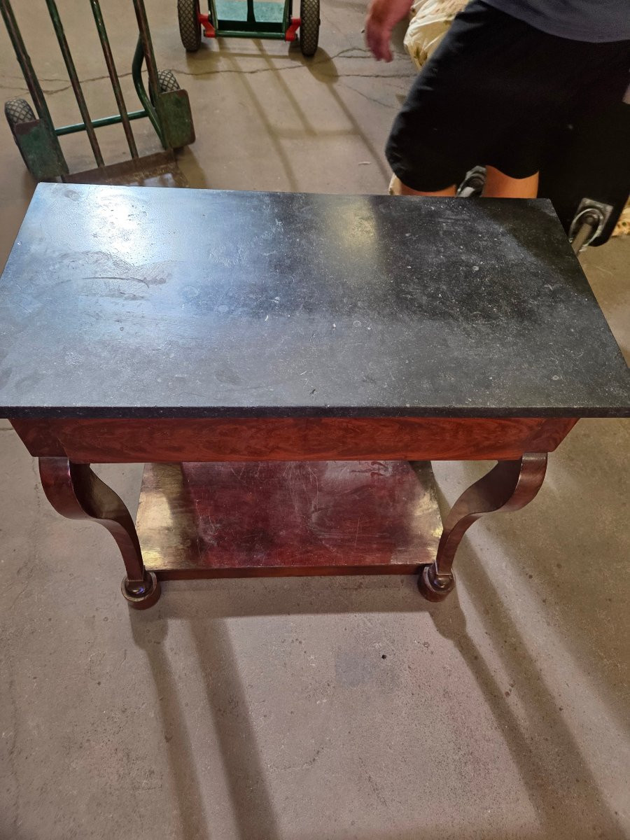 Console restauration d'époque en acajou plateau en marbre noir -photo-2