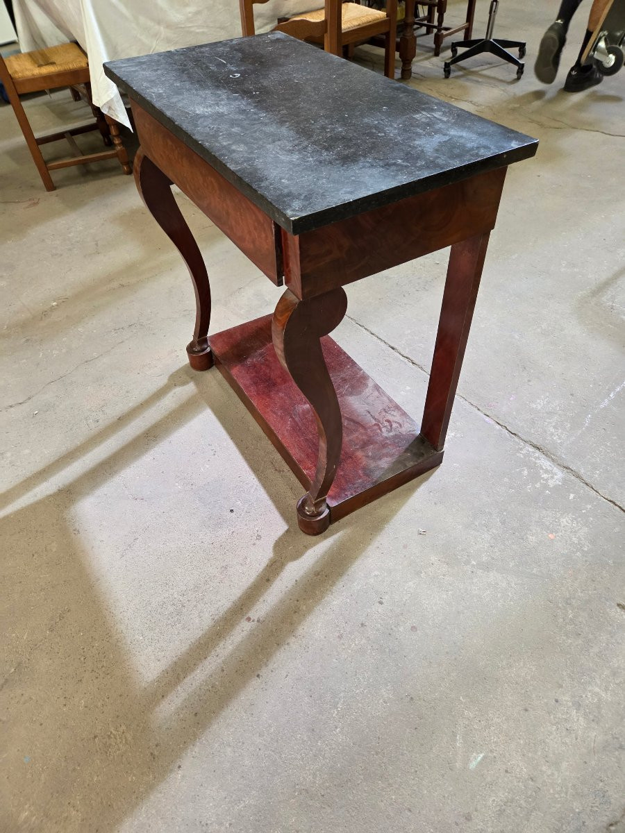 Console restauration d'époque en acajou plateau en marbre noir -photo-5